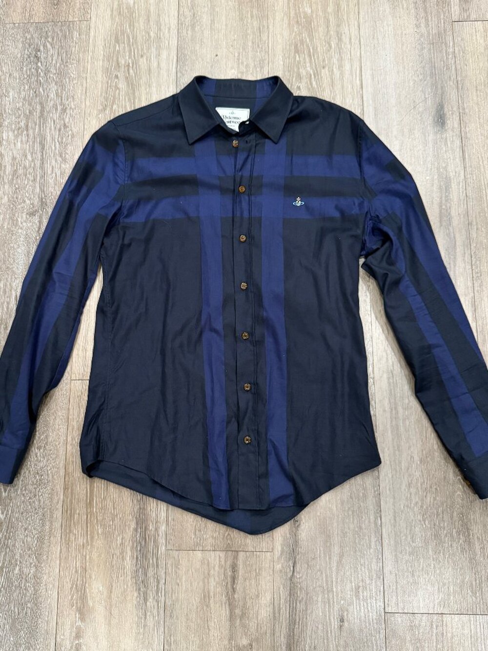 Vivienne Westwood Men's Navy Blue Expanded Tartan Long-Sleeve Shirt - Size V